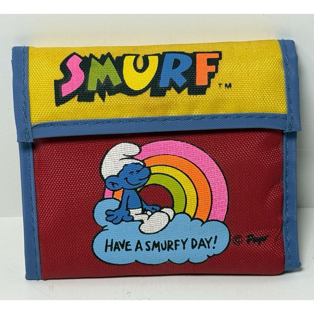 Vintage 1982 Applause Smurf Red Yellow Nylon Trifold Wallet Rainbow Cartoon
